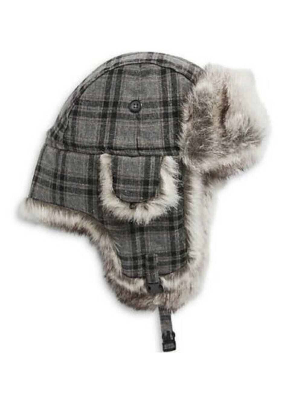 Black Brown 1826 Faux Fur Trim Plaid Aviator Hat